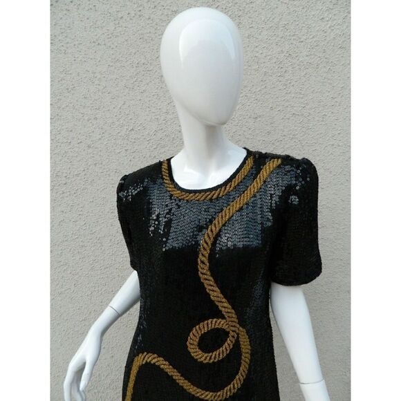 Patra Dress Vintage Size M/L Black Gold‎ Rope Sequin Beaded Cocktail Party - Picture 8 of 14